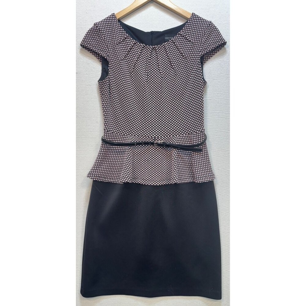 Connected Apparel Women's Belted Peplum Dress Sz 6 Black Pink Polka Dot Stretch